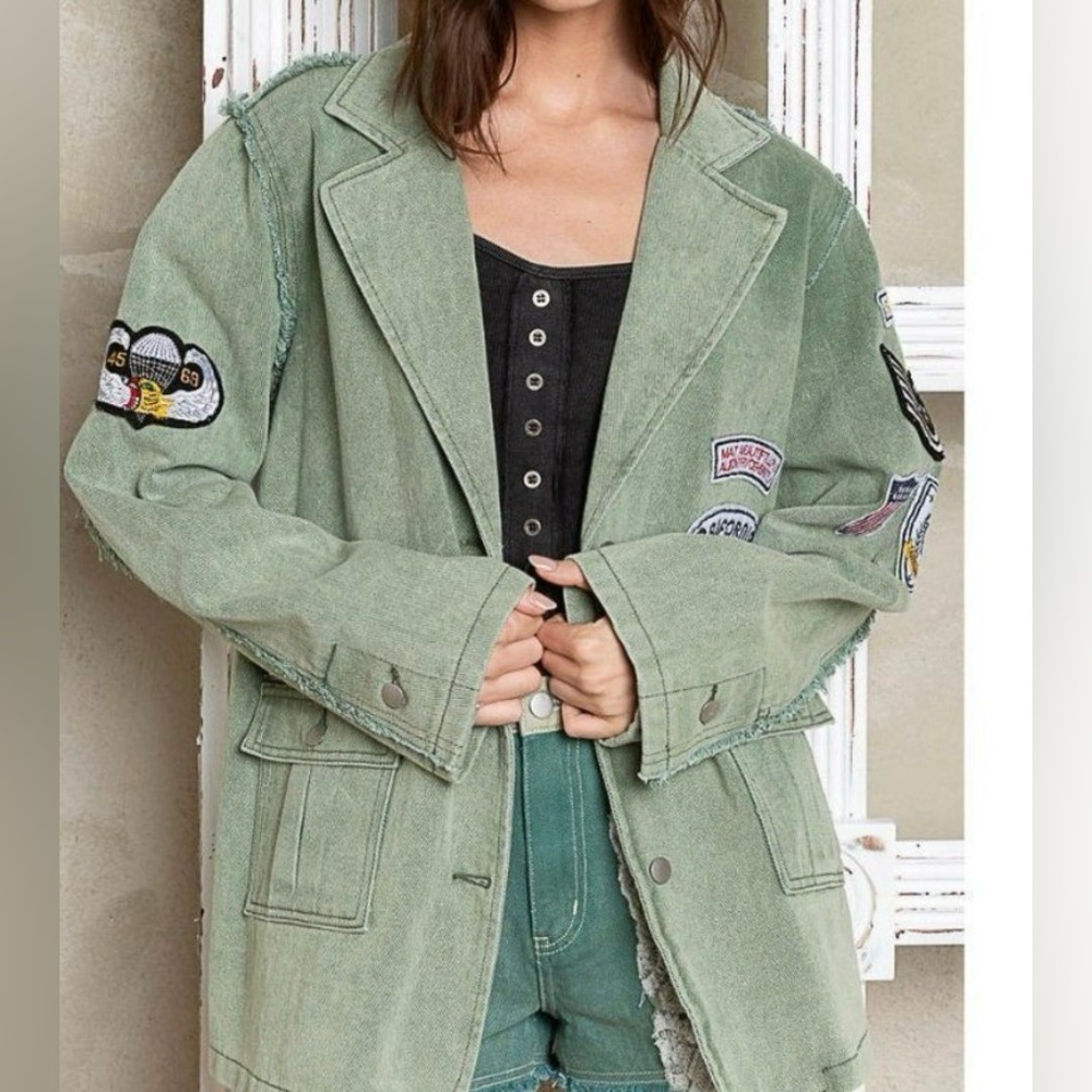 Kennedy Distressed Long Sleeve Military Jacket in Matcha - Picture 13 of 16
